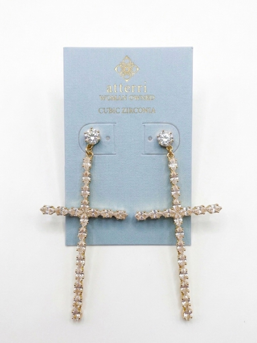 NWT ⚜️🤍⚜️ ATTERRI Gold Cross Drop Cubic Zirconia Dangle Earrings